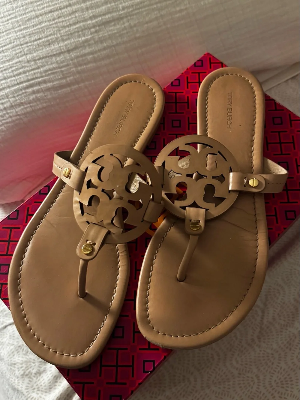 Tory Burch Tan Logo Thong Sandals with Gold Hardware